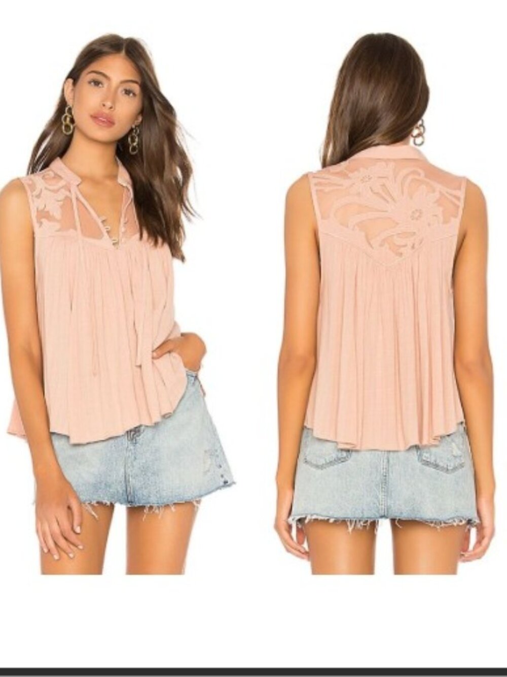 Free People Western Romance Peach Pink Mesh Top S